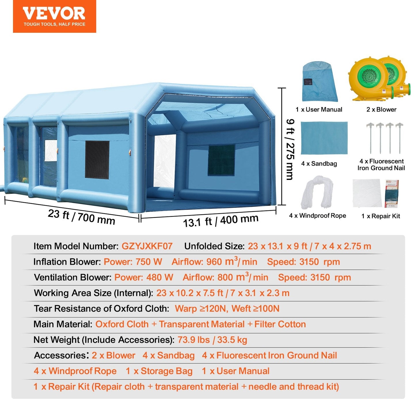 Inflatable Paint Booth 23x13.1x9ft Inflatable Spray Booth 750W+480W Blower