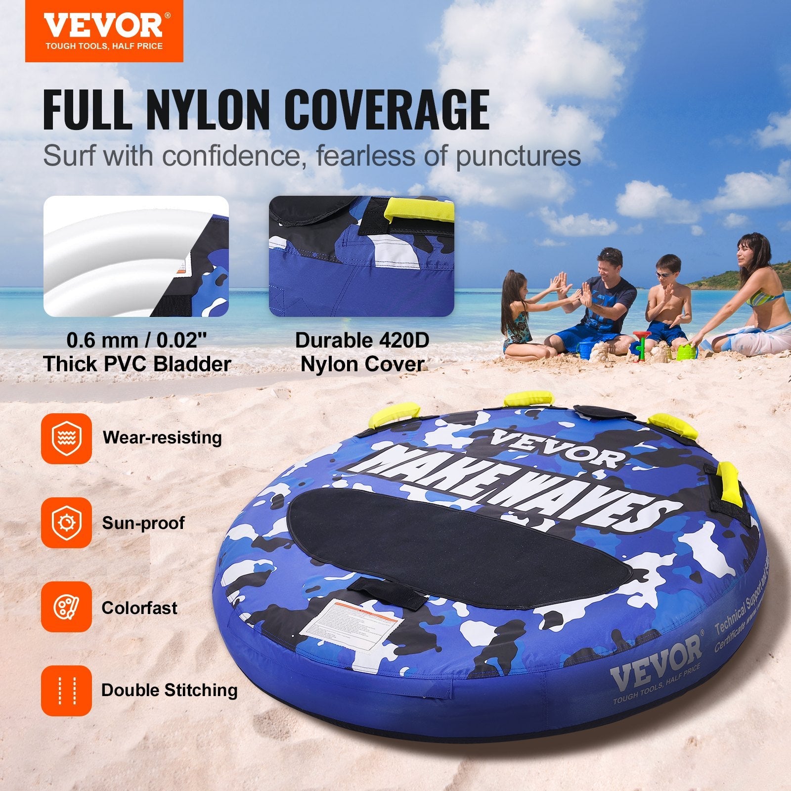 Towable Tube for Boating, 1-2 Riders Inflatable Boat Tubes and Towables, 340 lbs, 51.8" Round Water Sport Towable Tube for Boat to Pull, Full Nylon Cover, EVA Grab Handles and Speed Safety Valve.