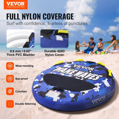 Towable Tube for Boating, 1-2 Riders Inflatable Boat Tubes and Towables, 340 lbs, 51.8" Round Water Sport Towable Tube for Boat to Pull, Full Nylon Cover, EVA Grab Handles and Speed Safety Valve.