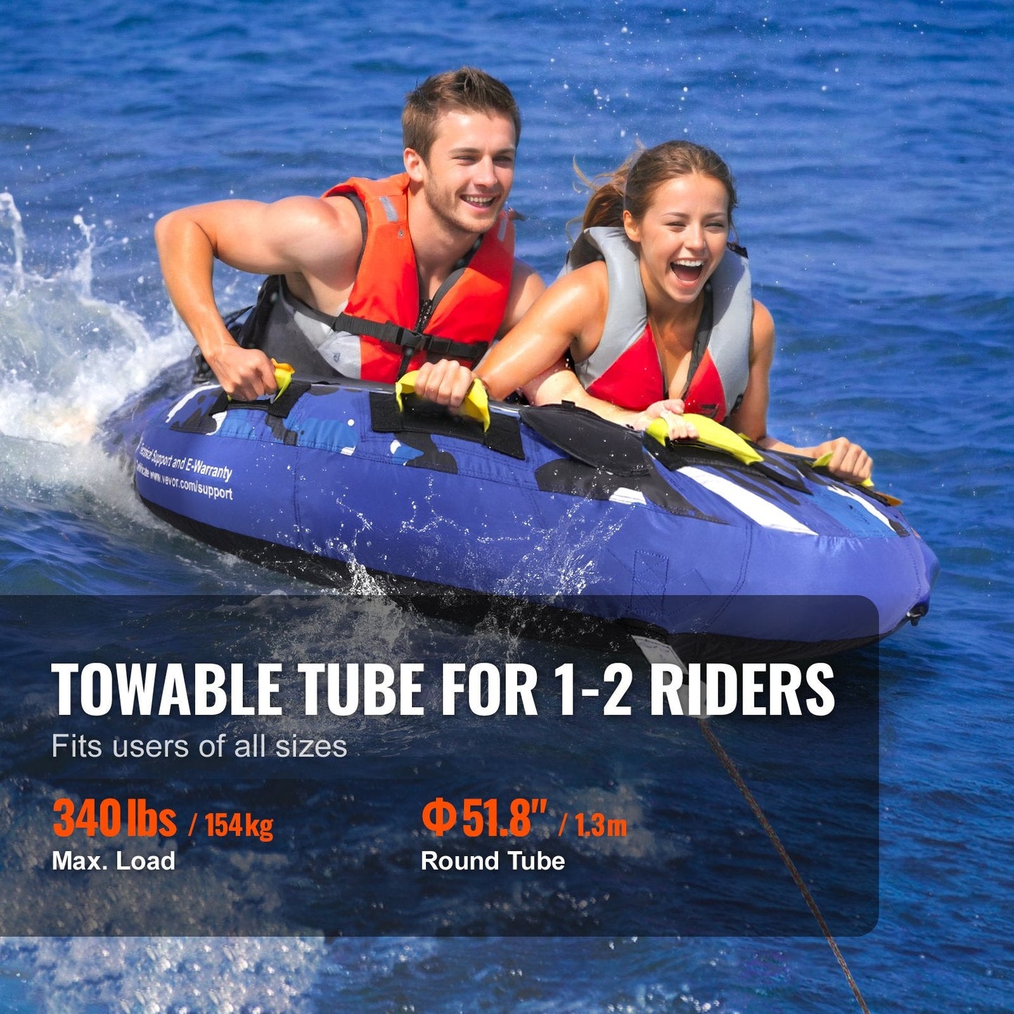 Towable Tube for Boating, 1-2 Riders Inflatable Boat Tubes and Towables, 340 lbs, 51.8" Round Water Sport Towable Tube for Boat to Pull, Full Nylon Cover, EVA Grab Handles and Speed Safety Valve.