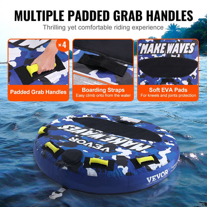 Towable Tube for Boating, 1-2 Riders Inflatable Boat Tubes and Towables, 340 lbs, 51.8" Round Water Sport Towable Tube for Boat to Pull, Full Nylon Cover, EVA Grab Handles and Speed Safety Valve.