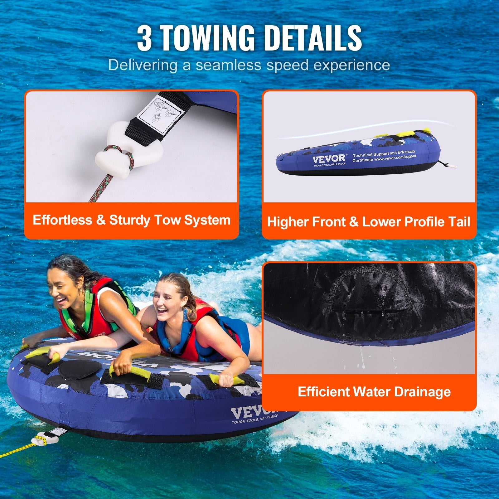 Towable Tube for Boating, 1-2 Riders Inflatable Boat Tubes and Towables, 340 lbs, 51.8" Round Water Sport Towable Tube for Boat to Pull, Full Nylon Cover, EVA Grab Handles and Speed Safety Valve.