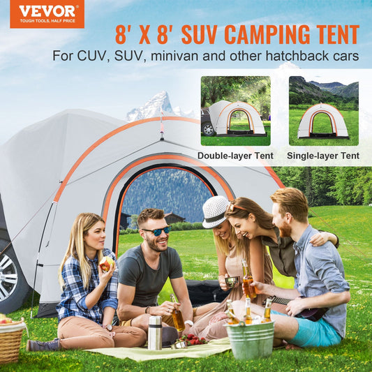 SUV Camping Tent, 8'-8' SUV Tent Attachment for Camping with Rain Layer and Carry Bag, PU2000mm Double Layer Truck Tent, Accommodate 6-8 Person, Rear Tent for Van Hatch Tailgate.