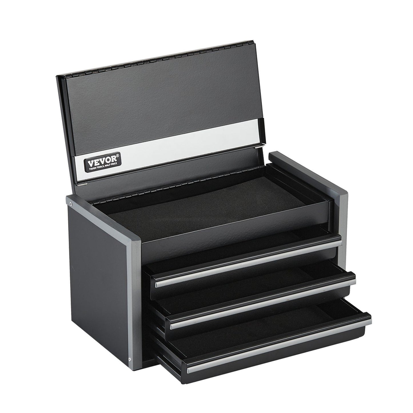 Metal Tool Box, 8.6-inch, Portable Metal Tool Box with 3 Drawers, Small Tool Chest with EVA Liners and PP Feet Pads, Heavy-Duty Steel With Ball Bearing Opening and Powder Coated Finish, Black