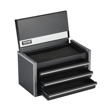 Metal Tool Box, 8.6-inch, Portable Metal Tool Box with 3 Drawers, Small Tool Chest with EVA Liners and PP Feet Pads, Heavy-Duty Steel With Ball Bearing Opening and Powder Coated Finish, Black