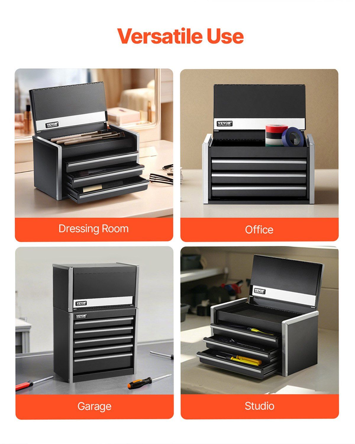 Metal Tool Box, 8.6-inch, Portable Metal Tool Box with 3 Drawers, Small Tool Chest with EVA Liners and PP Feet Pads, Heavy-Duty Steel With Ball Bearing Opening and Powder Coated Finish, Black