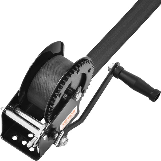 Hand Winch, 725.7 kg Pulling Capacity, Boat Trailer Winch Heavy Duty Rope Crank with 10 m Polyester Strap and Two-Way Ratchet, Manual Operated Hand Crank Winch for Trailer, Boat or ATV Towing.
