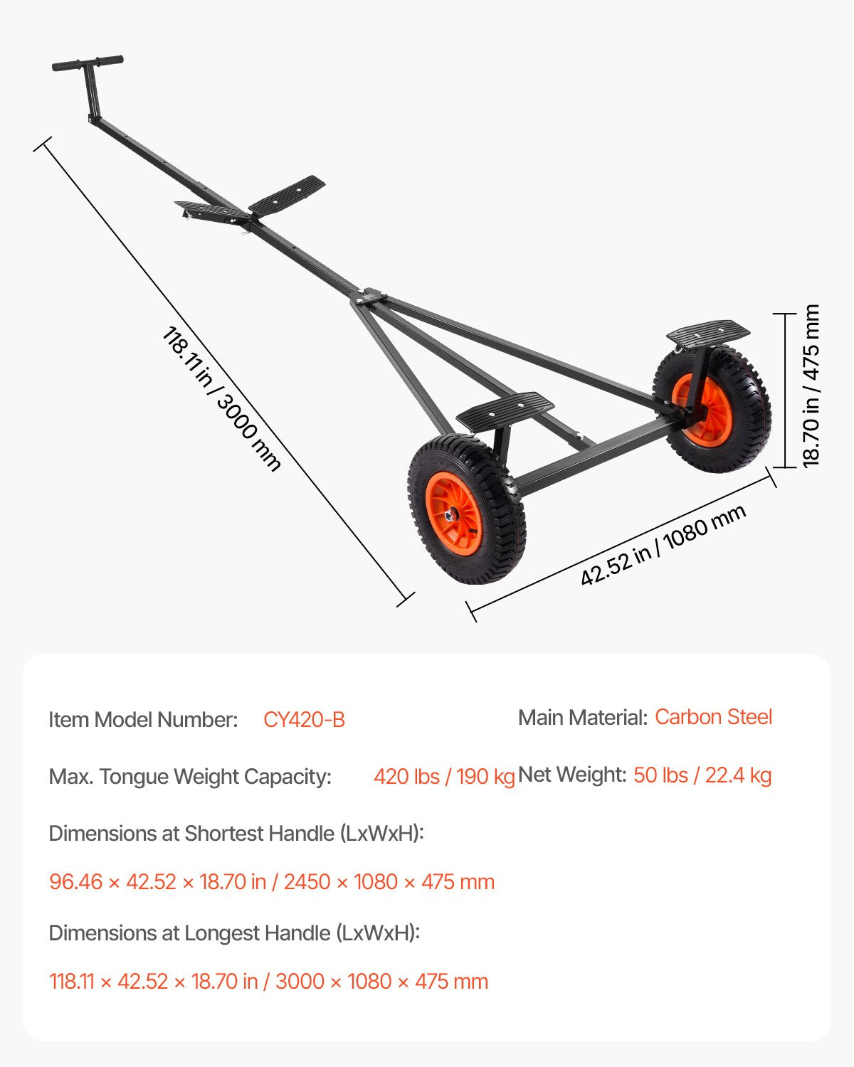420lbs Boat Trailer Dolly Mover Adjustable Length with 15.7 in Pneumatic Tires.