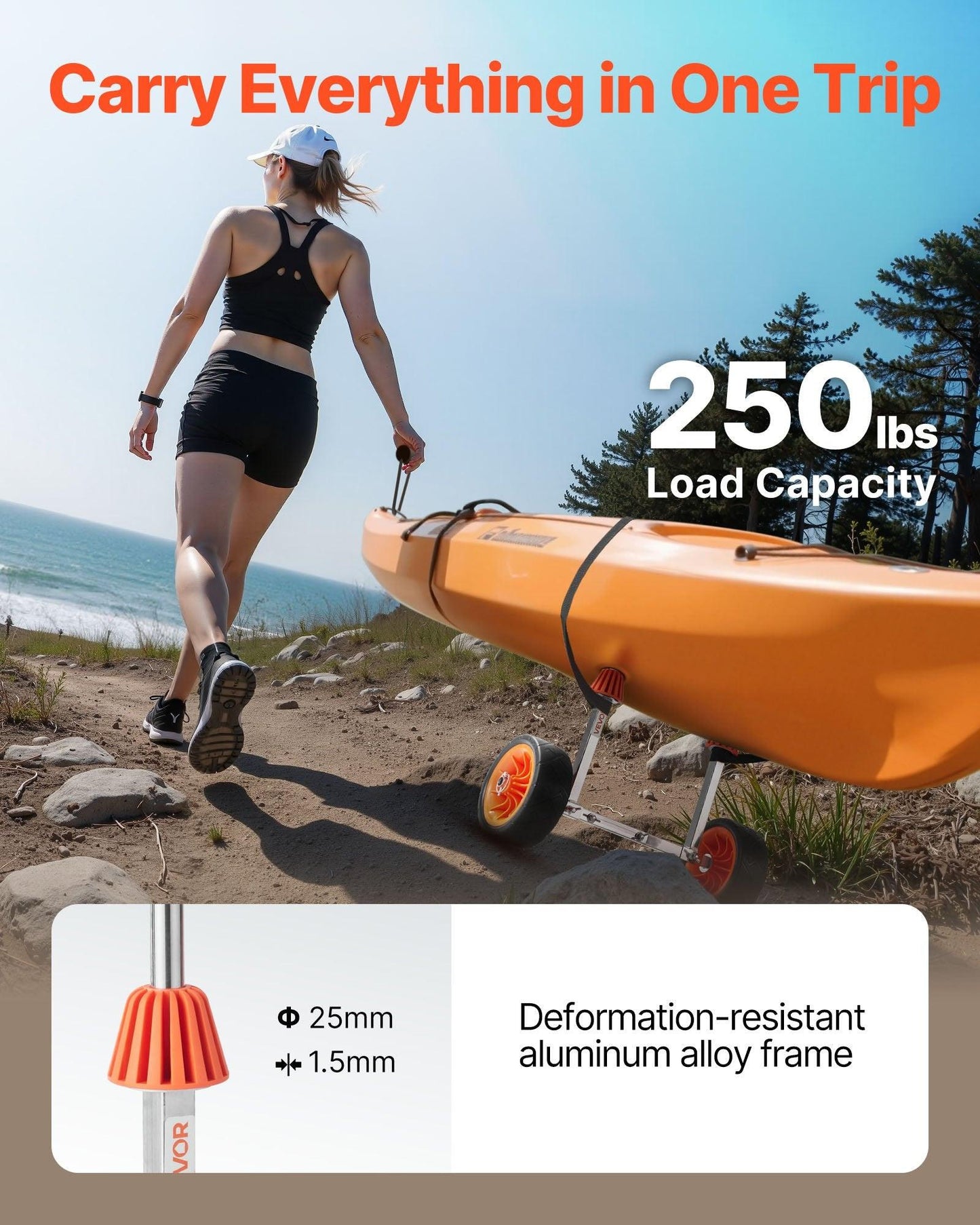 Kayak Cart, 113.4 kg Load Capacity, Canoe Cart Dolly with 19.1 cm Solid Rubber Tires & Kickstand, Assembles & Disassembles Within Seconds, Paddle Board Trolley for Kayaks, Canoes, Paddleboards.