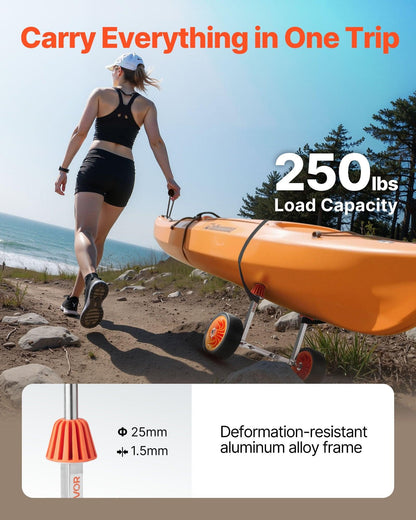 Kayak Cart, 113.4 kg Load Capacity, Canoe Cart Dolly with 19.1 cm Solid Rubber Tires & Kickstand, Assembles & Disassembles Within Seconds, Paddle Board Trolley for Kayaks, Canoes, Paddleboards.