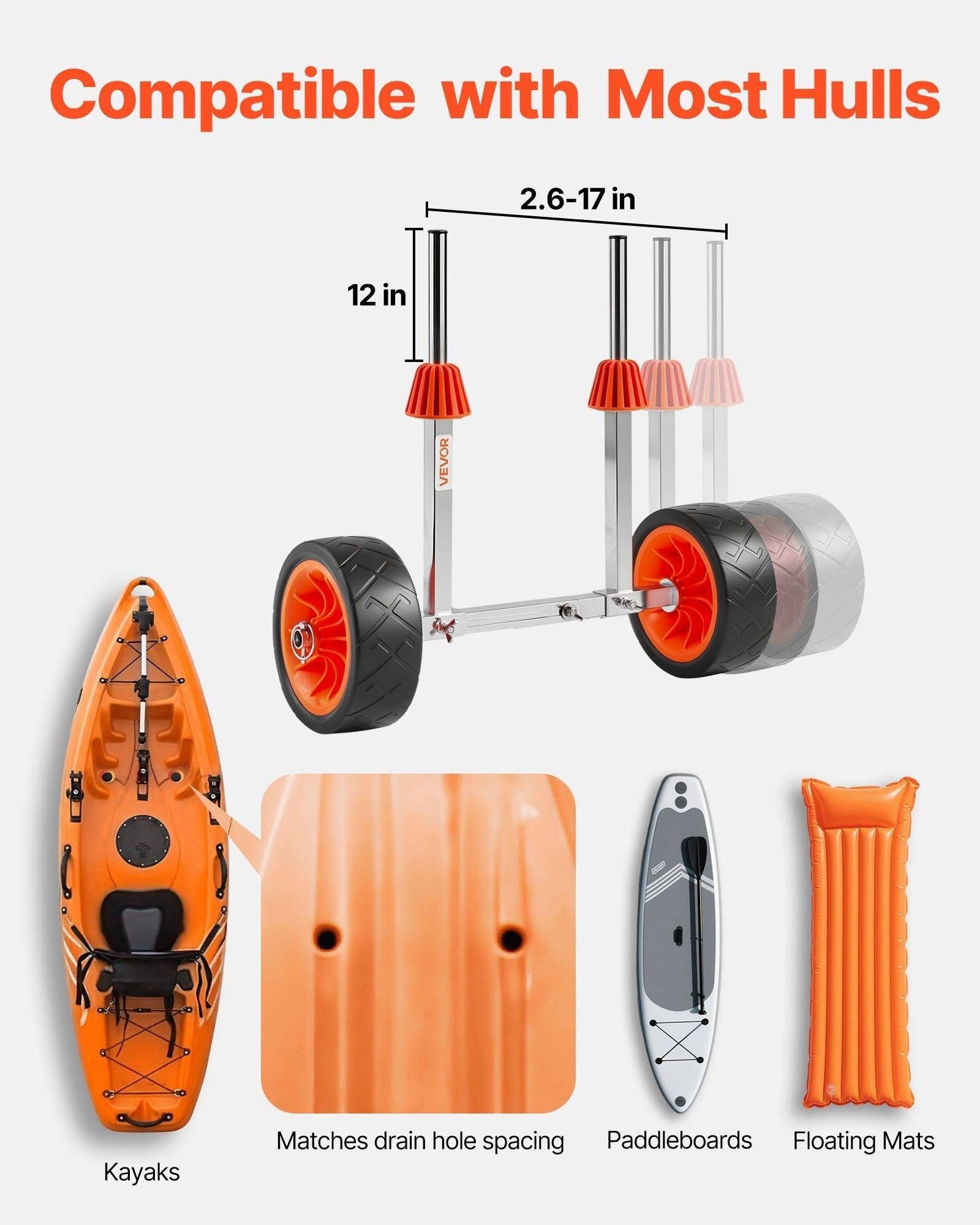 Kayak Cart, 113.4 kg Load Capacity, Canoe Cart Dolly with 19.1 cm Solid Rubber Tires & Kickstand, Assembles & Disassembles Within Seconds, Paddle Board Trolley for Kayaks, Canoes, Paddleboards.