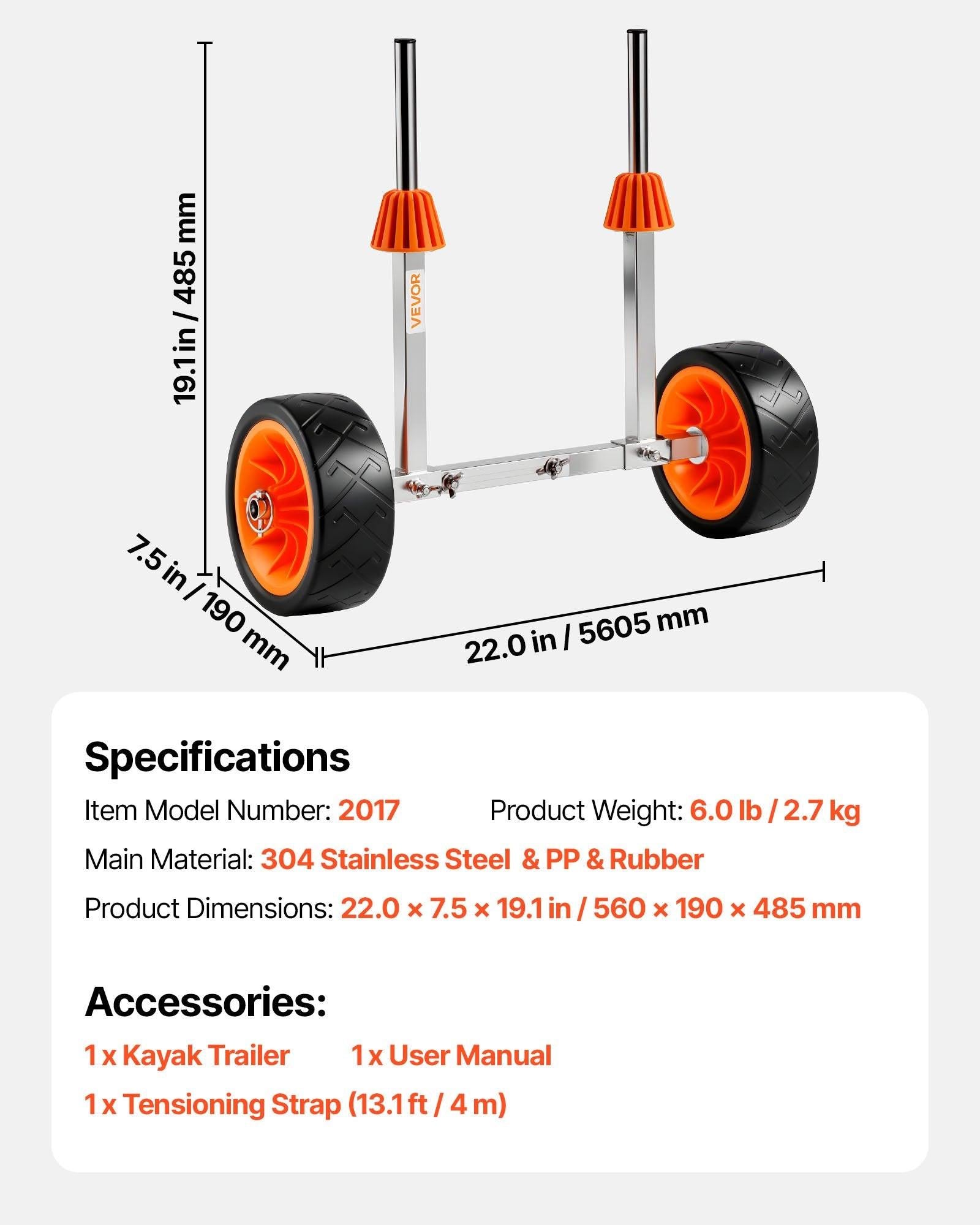 Kayak Cart, 113.4 kg Load Capacity, Canoe Cart Dolly with 19.1 cm Solid Rubber Tires & Kickstand, Assembles & Disassembles Within Seconds, Paddle Board Trolley for Kayaks, Canoes, Paddleboards.