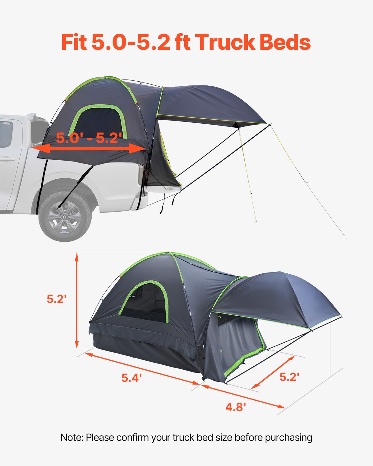 Truck Tent 5.0-5.2ft Waterproof PU2000 Truck Bed Camping Tent 2-3 Person.