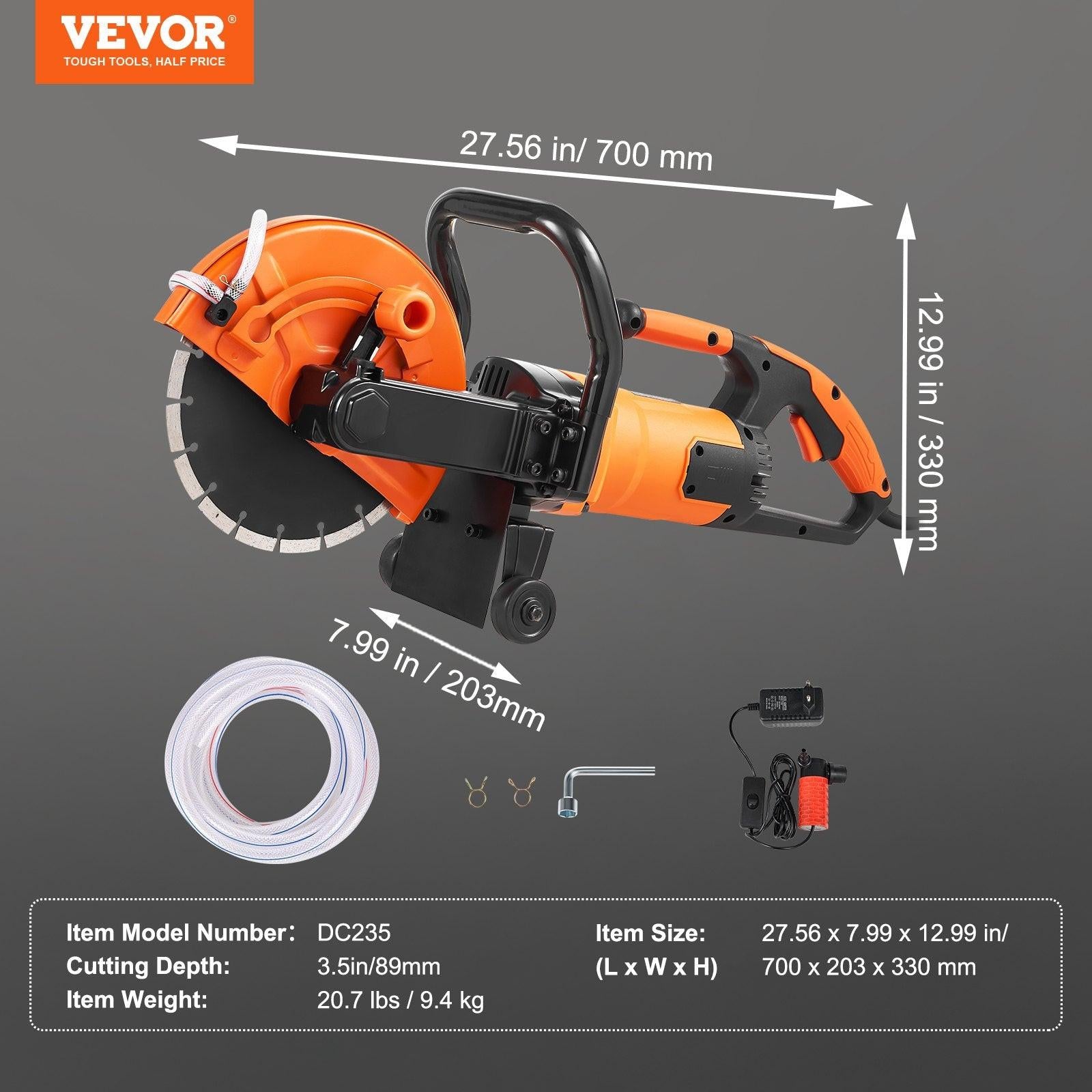 Electric Concrete Saw, 9 in, 2000 W 15 A Motor Circular Saw Cutter with 3.5 in Cutting Depth, Wet/Dry Disk Saw Cutter Includes Water Line, Pump and Blade, for Stone, Brick.