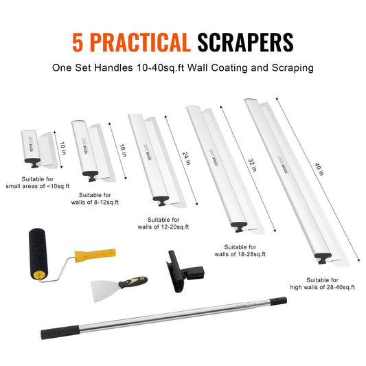 Drywall Skimming Blade Set, 10/16/24/32/40 in Skimming Blades + 34-81.6 in Extension Handle Pole, Stainless Steel Knife Professional Skim Coat Tools, for Gyprock/WallBoard/Plasterboard.