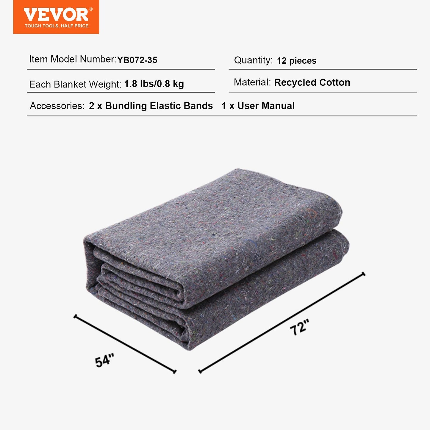 Moving Blankets, 1829 x 1372 mm, 12 kg/dz Weight, 12 Pack, Professional Recycled Cotton Packing Blanket, Large Heavy Duty Shipping Mover Pads Perfect for Protecting Furniture, Floors, Appliances