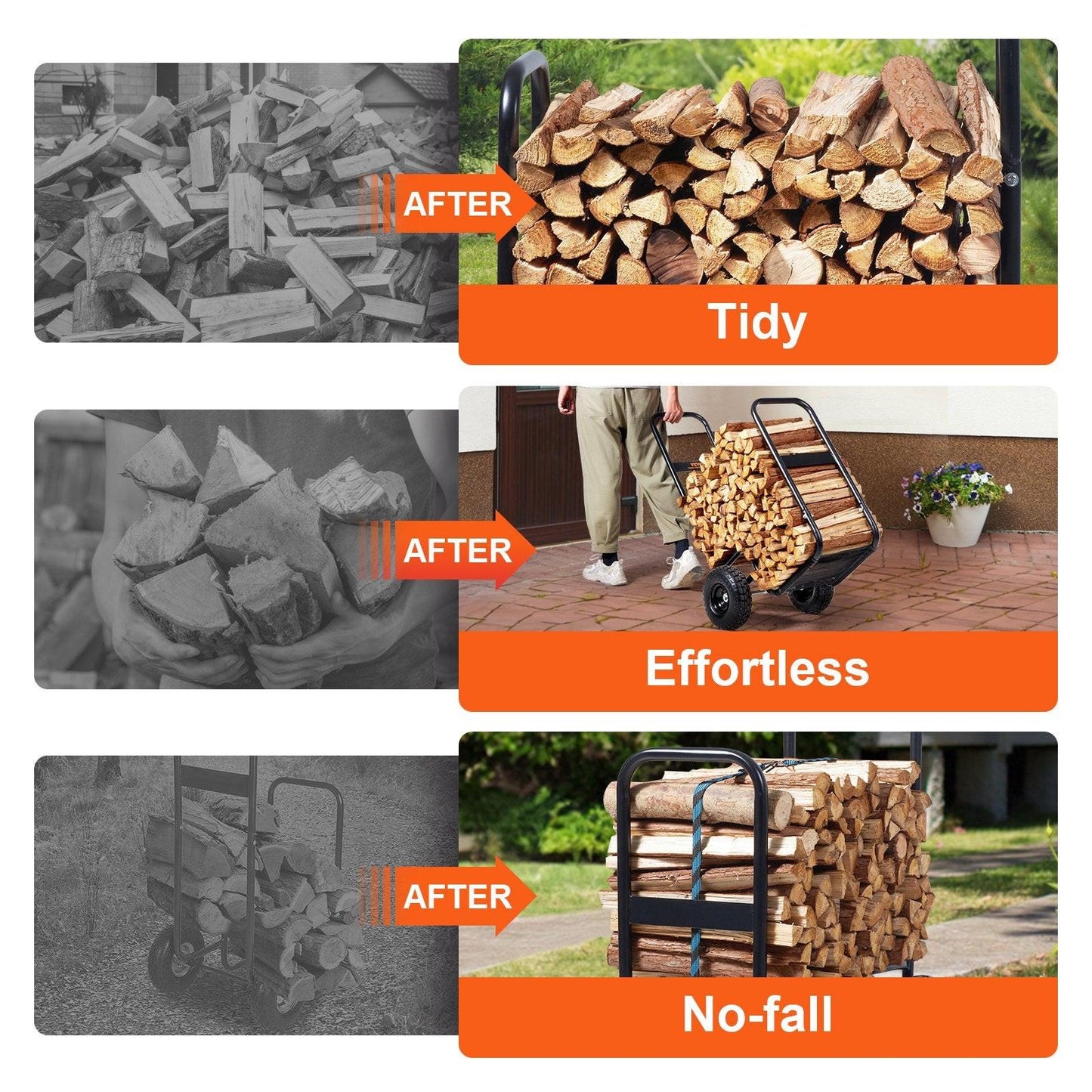 Firewood Log Cart, 113 kg Load Capacity, Outdoor and Indoor Wood Rack Storage Mover with Pneumatic Rubber Wheels, Heavy Duty Steel Dolly Hauler, Firewood Carrier for Fireplace, Fire Pit, Black.