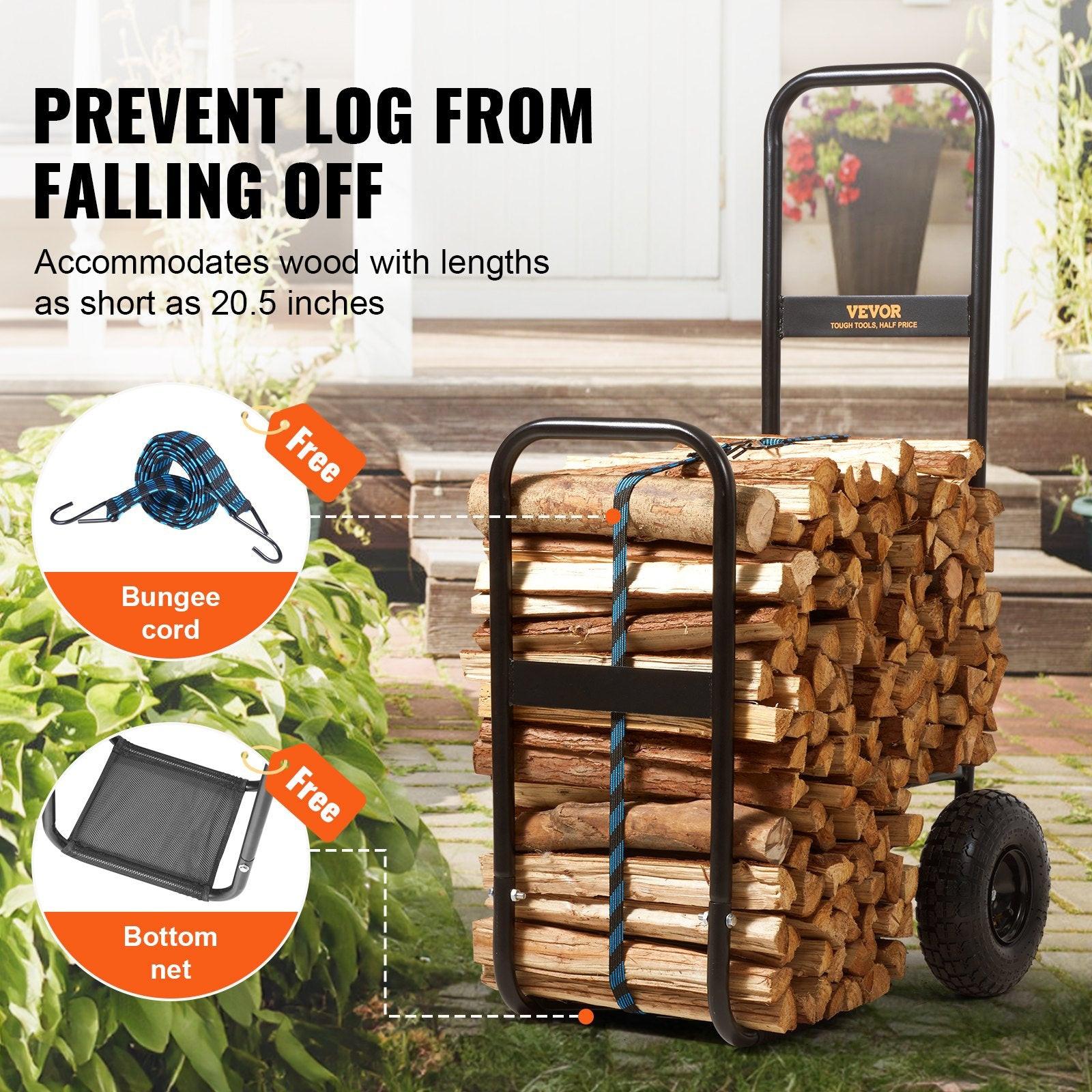 Firewood Log Cart, 113 kg Load Capacity, Outdoor and Indoor Wood Rack Storage Mover with Pneumatic Rubber Wheels, Heavy Duty Steel Dolly Hauler, Firewood Carrier for Fireplace, Fire Pit, Black.