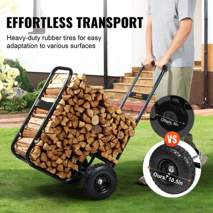Firewood Log Cart, 113 kg Load Capacity, Outdoor and Indoor Wood Rack Storage Mover with Pneumatic Rubber Wheels, Heavy Duty Steel Dolly Hauler, Firewood Carrier for Fireplace, Fire Pit, Black.