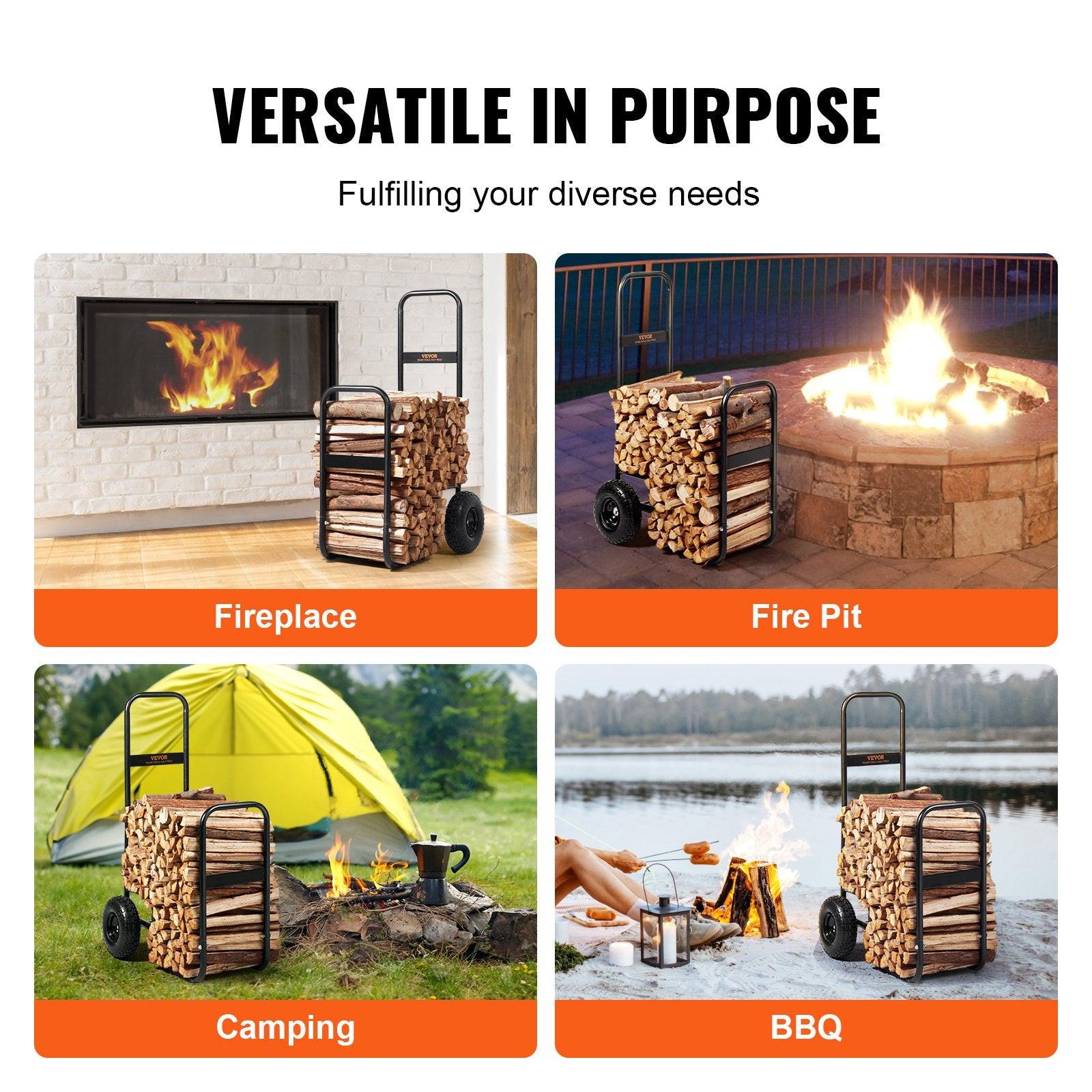 Firewood Log Cart, 113 kg Load Capacity, Outdoor and Indoor Wood Rack Storage Mover with Pneumatic Rubber Wheels, Heavy Duty Steel Dolly Hauler, Firewood Carrier for Fireplace, Fire Pit, Black.