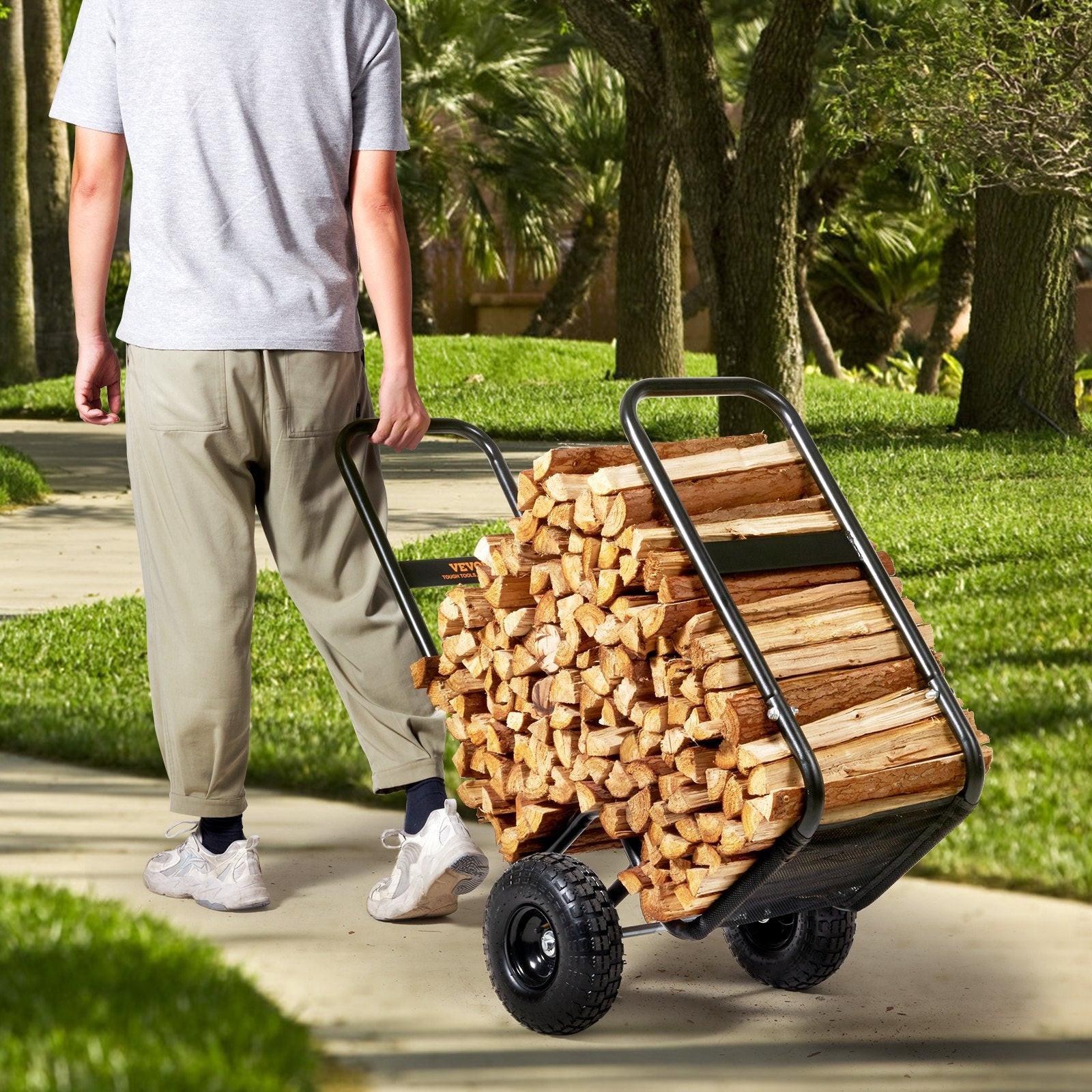Firewood Log Cart, 113 kg Load Capacity, Outdoor and Indoor Wood Rack Storage Mover with Pneumatic Rubber Wheels, Heavy Duty Steel Dolly Hauler, Firewood Carrier for Fireplace, Fire Pit, Black.