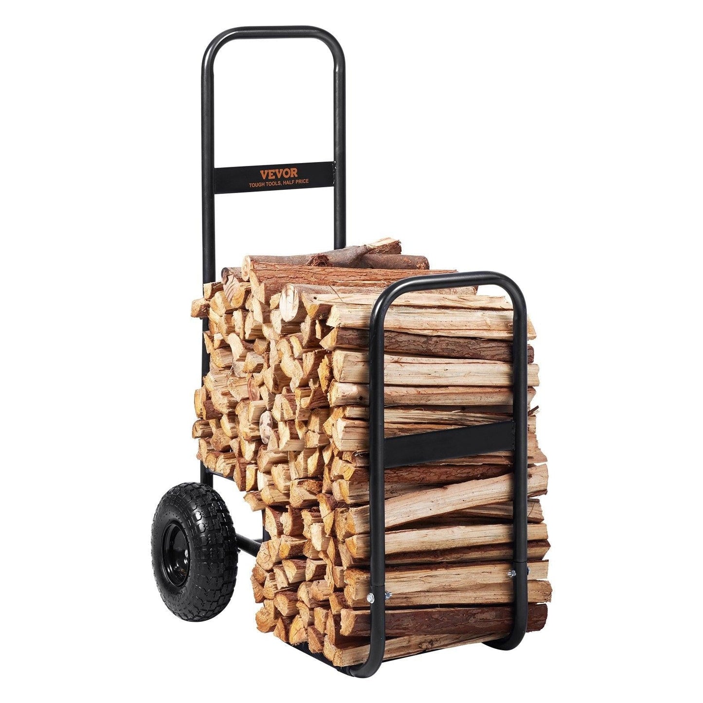 Firewood Log Cart, 113 kg Load Capacity, Outdoor and Indoor Wood Rack Storage Mover with Pneumatic Rubber Wheels, Heavy Duty Steel Dolly Hauler, Firewood Carrier for Fireplace, Fire Pit, Black.