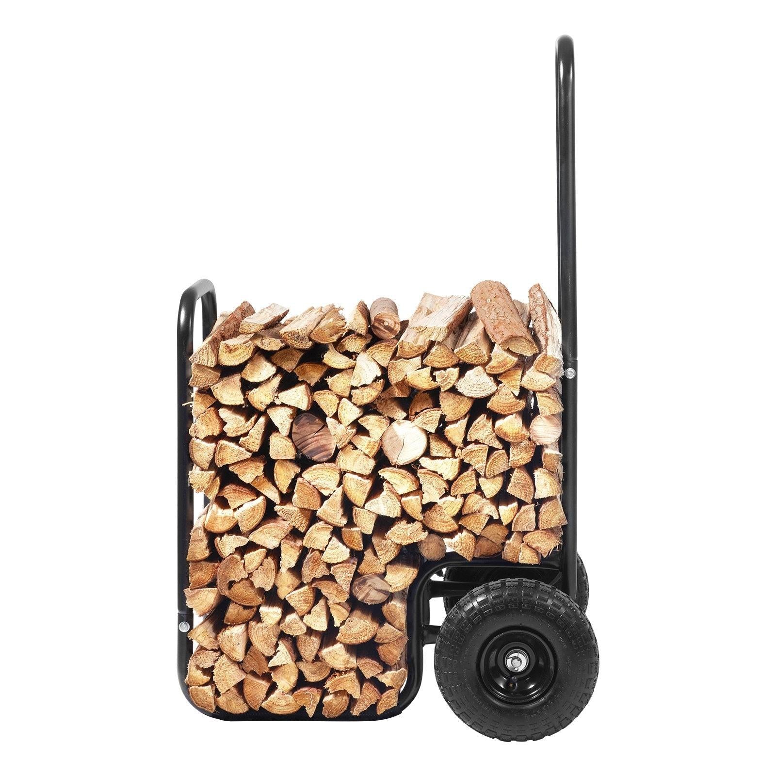 Firewood Log Cart, 113 kg Load Capacity, Outdoor and Indoor Wood Rack Storage Mover with Pneumatic Rubber Wheels, Heavy Duty Steel Dolly Hauler, Firewood Carrier for Fireplace, Fire Pit, Black.