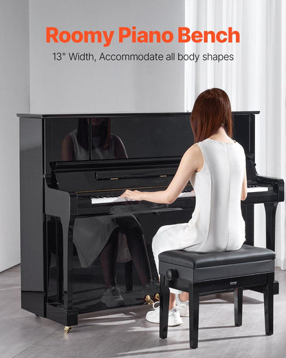 Piano Bench, Keyboard Piano Chair with 19.3"-22.8" Adjustable Height, Padded Cushion, Storage Compartment for Music Books, Heavy Duty Wooden Piano Stool Seat, for Vanity, Living Room, Bedroom.