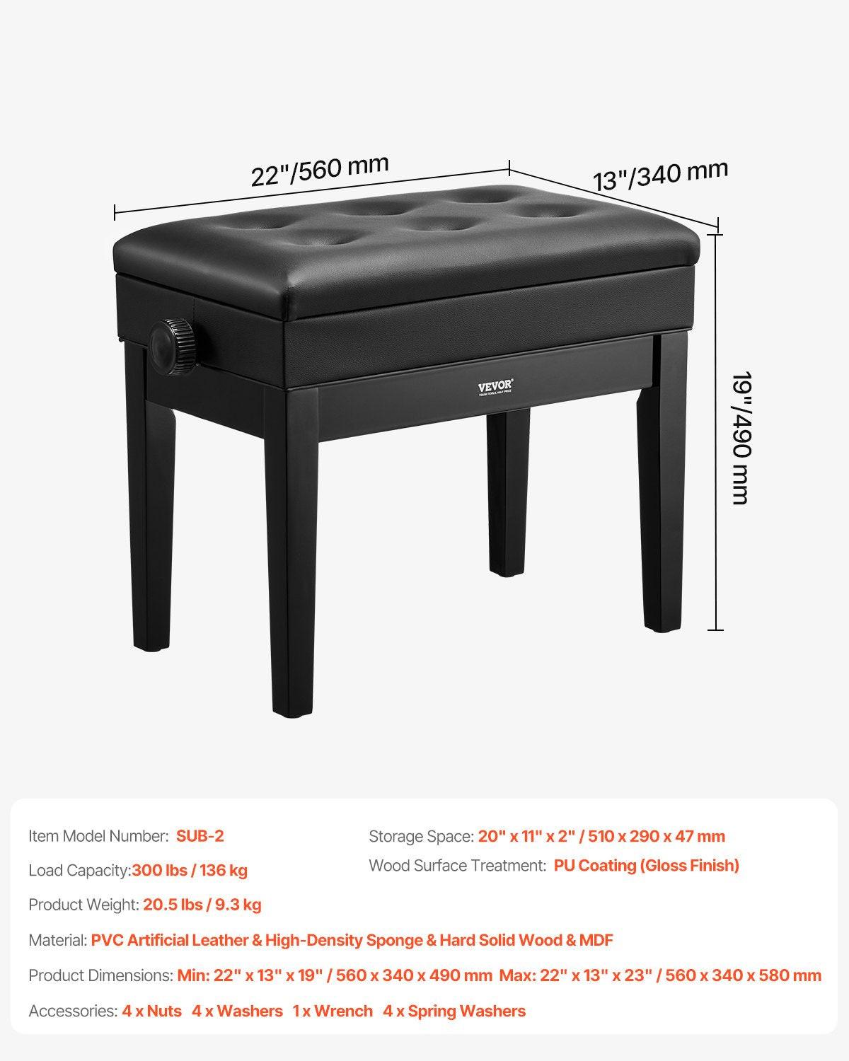 Piano Bench, Keyboard Piano Chair with 19.3"-22.8" Adjustable Height, Padded Cushion, Storage Compartment for Music Books, Heavy Duty Wooden Piano Stool Seat, for Vanity, Living Room, Bedroom.