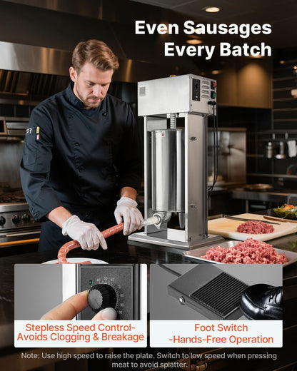 Electric Sausage Stuffer, 33 LBS / 15 L Vertical Meat Stuffer, Stepless Speed Control and Foot Pedal, Stainless Steel Heavy Duty Sausage Filler with 4 Stuffing Tubes, for Commercial & Home Use