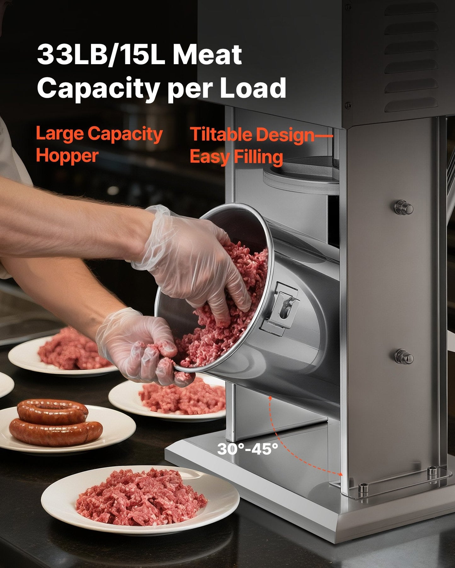 Electric Sausage Stuffer, 33 LBS / 15 L Vertical Meat Stuffer, Stepless Speed Control and Foot Pedal, Stainless Steel Heavy Duty Sausage Filler with 4 Stuffing Tubes, for Commercial & Home Use
