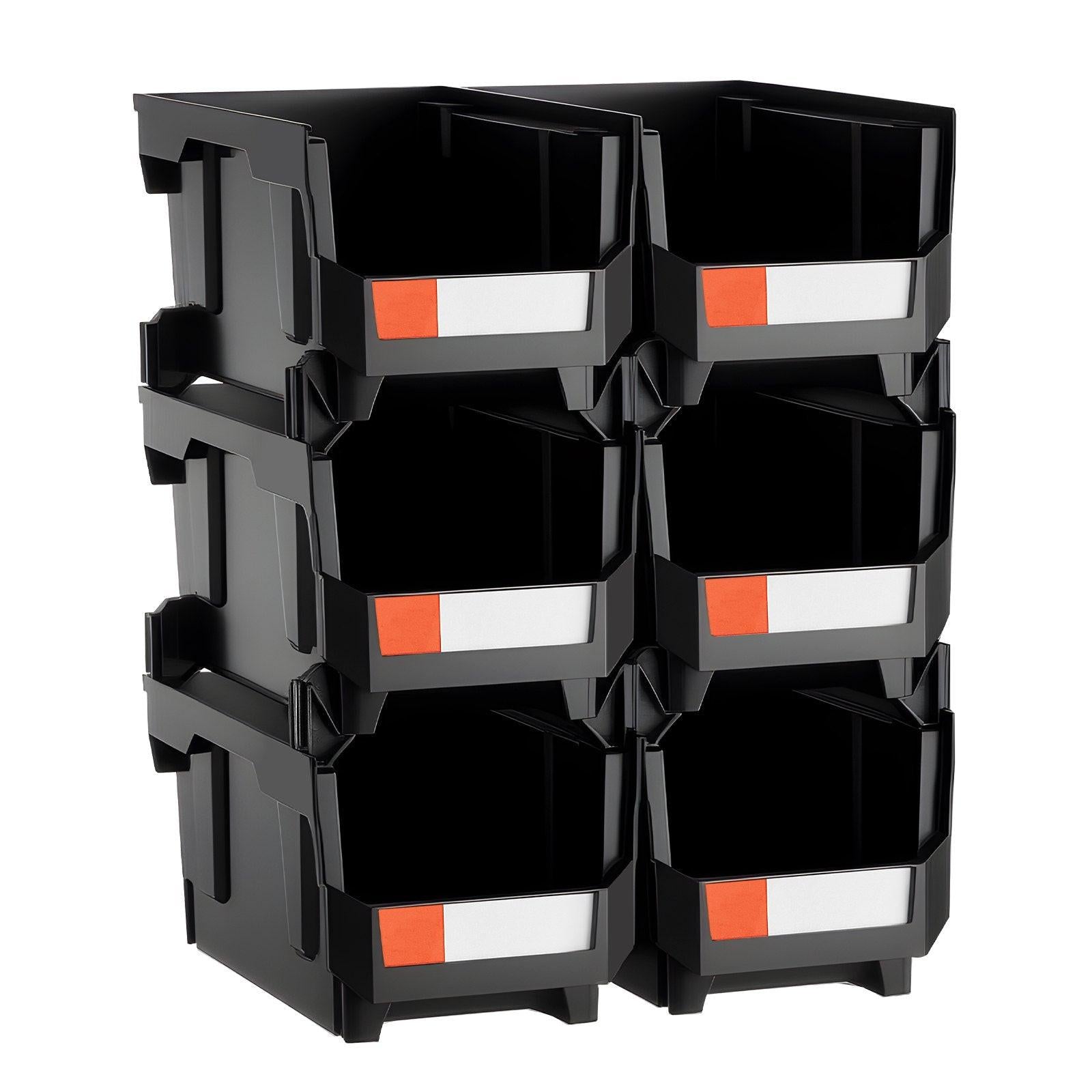Plastic Stackable Storage Bins, 37.7 x 21.5 x 18 cm (6 Pack), Plastic Containers for Organizing and Storage Bins for Closet, Garage, Small Parts, Office Supplies and Other Accessories, Black.