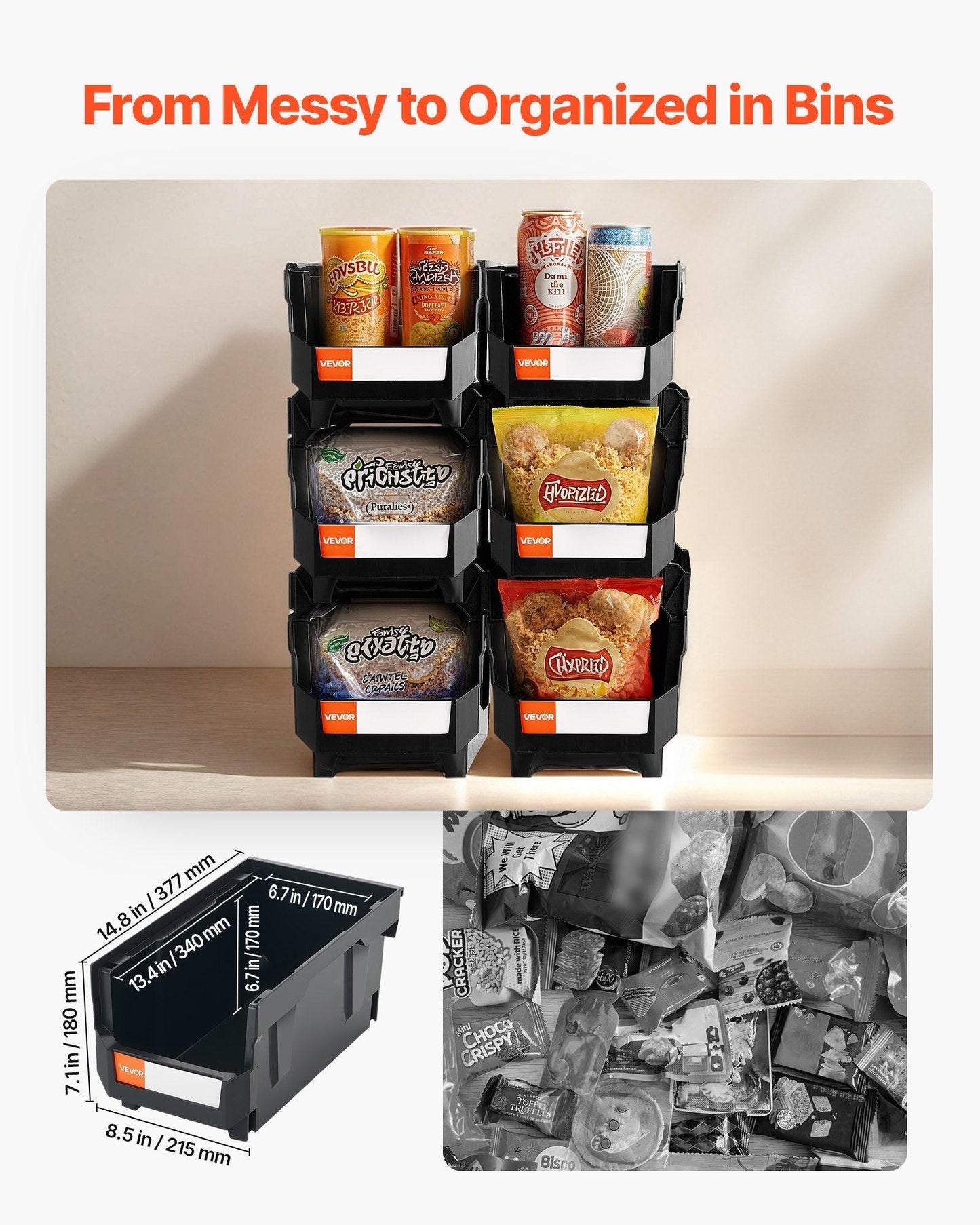 Plastic Stackable Storage Bins, 37.7 x 21.5 x 18 cm (6 Pack), Plastic Containers for Organizing and Storage Bins for Closet, Garage, Small Parts, Office Supplies and Other Accessories, Black.