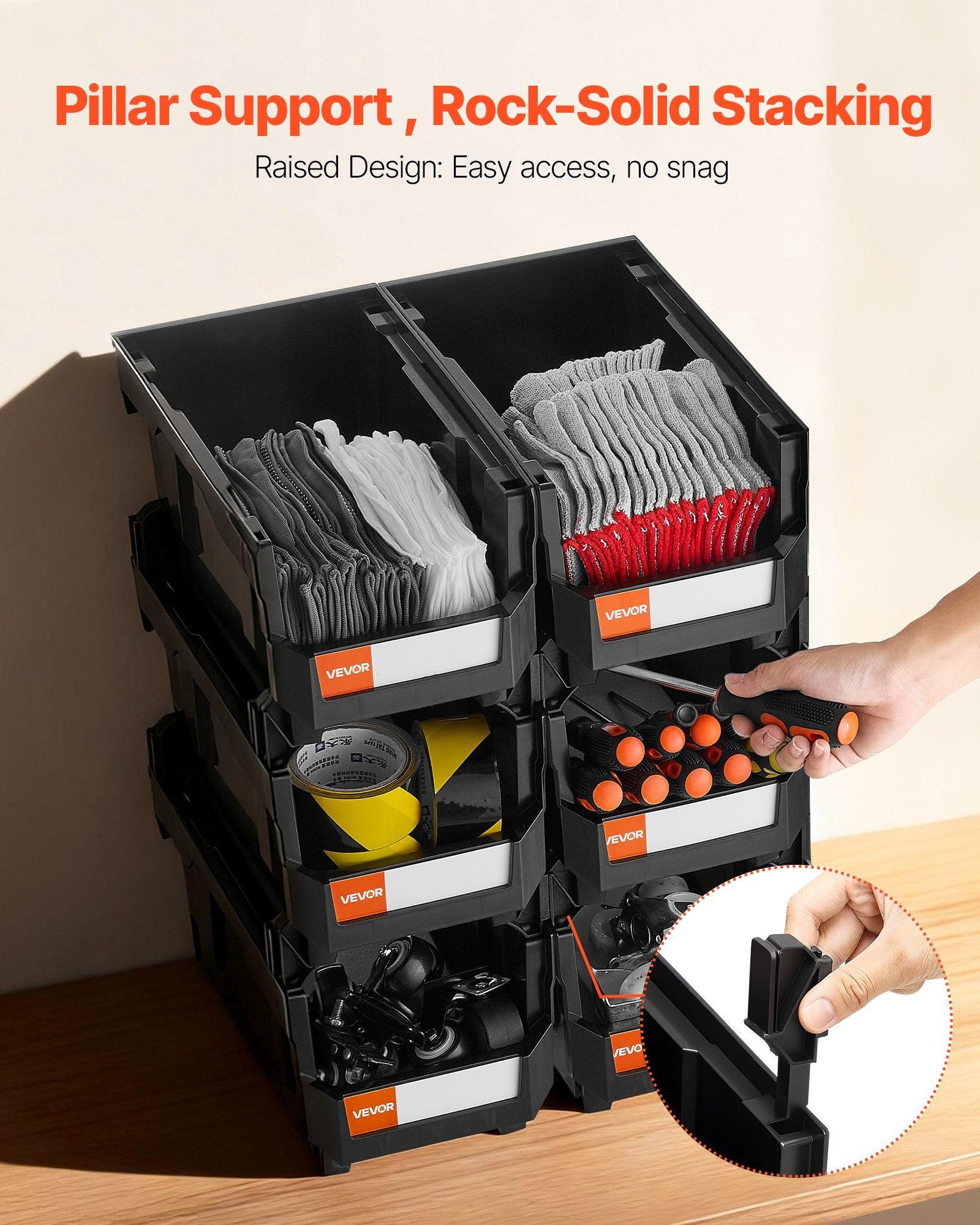 Plastic Stackable Storage Bins, 37.7 x 21.5 x 18 cm (6 Pack), Plastic Containers for Organizing and Storage Bins for Closet, Garage, Small Parts, Office Supplies and Other Accessories, Black.