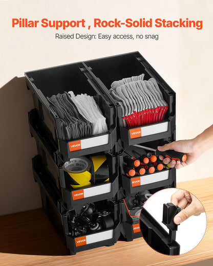 Plastic Stackable Storage Bins, 37.7 x 21.5 x 18 cm (6 Pack), Plastic Containers for Organizing and Storage Bins for Closet, Garage, Small Parts, Office Supplies and Other Accessories, Black.