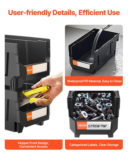 Plastic Stackable Storage Bins, 37.7 x 21.5 x 18 cm (6 Pack), Plastic Containers for Organizing and Storage Bins for Closet, Garage, Small Parts, Office Supplies and Other Accessories, Black.