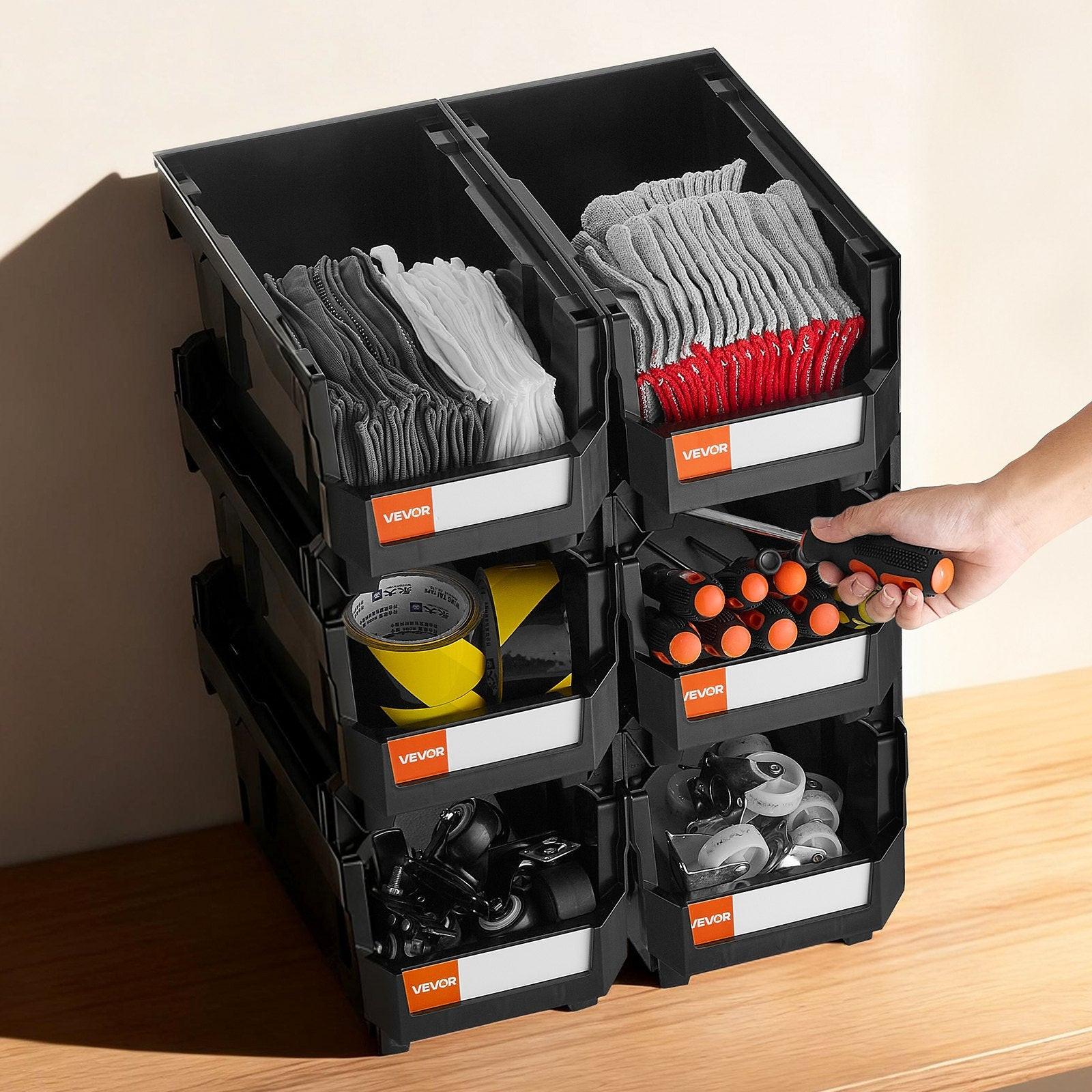 Plastic Stackable Storage Bins, 37.7 x 21.5 x 18 cm (6 Pack), Plastic Containers for Organizing and Storage Bins for Closet, Garage, Small Parts, Office Supplies and Other Accessories, Black.
