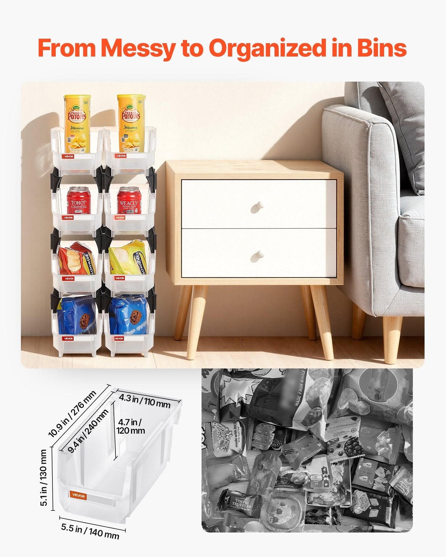 Plastic Stackable Storage Bins, 27.6 x 14 x 13 cm (8 Pack), Plastic Containers for Organizing & Storage Bins for Closet, Garage, Small Parts, Office Supplies, Other Accessories, Transparent.