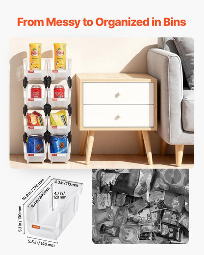 Plastic Stackable Storage Bins, 27.6 x 14 x 13 cm (8 Pack), Plastic Containers for Organizing & Storage Bins for Closet, Garage, Small Parts, Office Supplies, Other Accessories, Transparent.