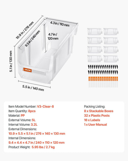 Plastic Stackable Storage Bins, 27.6 x 14 x 13 cm (8 Pack), Plastic Containers for Organizing & Storage Bins for Closet, Garage, Small Parts, Office Supplies, Other Accessories, Transparent.