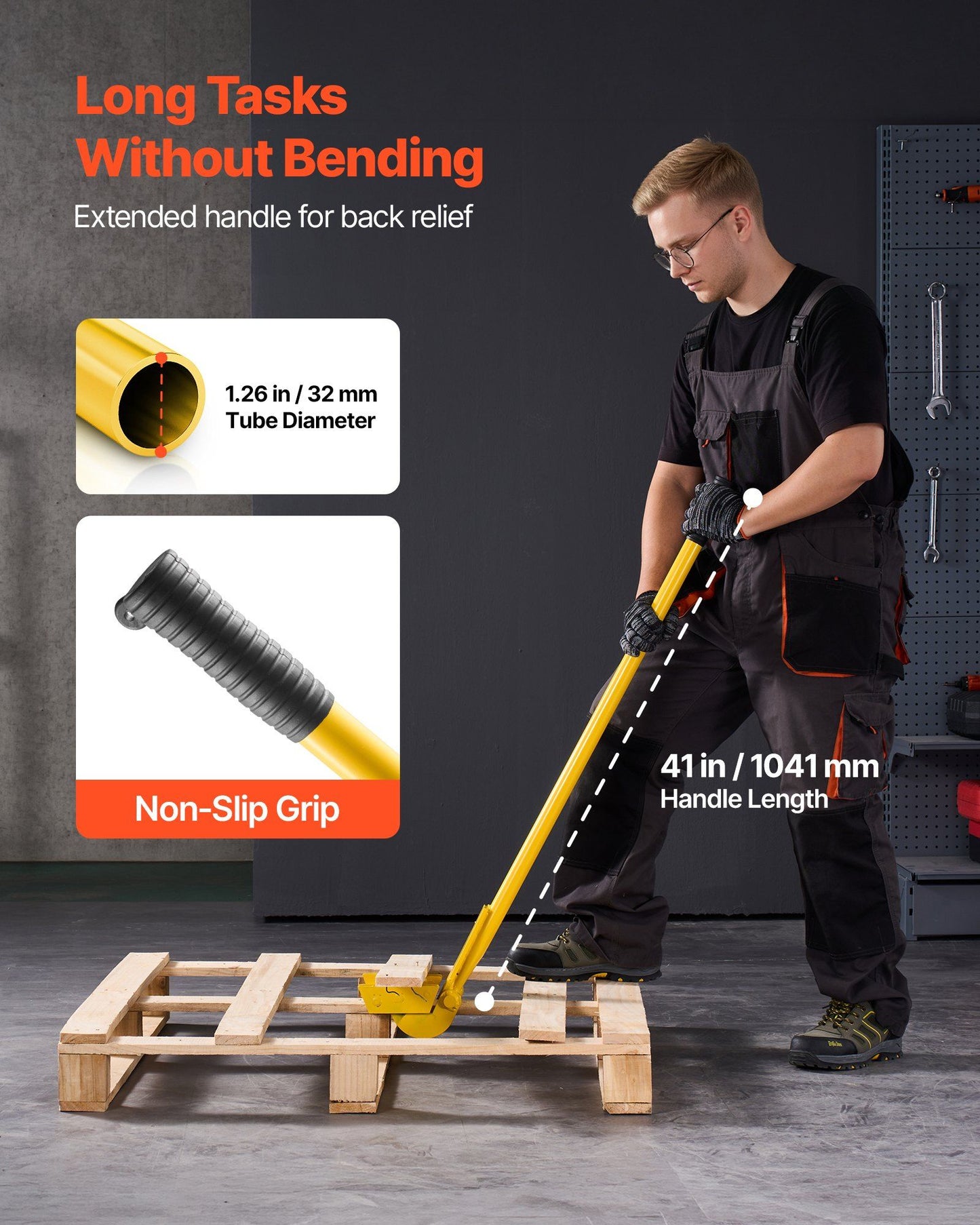 Pallet Buster Tool, 1 m Carbon Steel Handle Wrecking Pry Bar, 907 kg Weight Capacity, Heavy Duty Deck Board Removal Tool, Breaker Bar for Flooring, Framing, Roofing, Trim, Drywall
