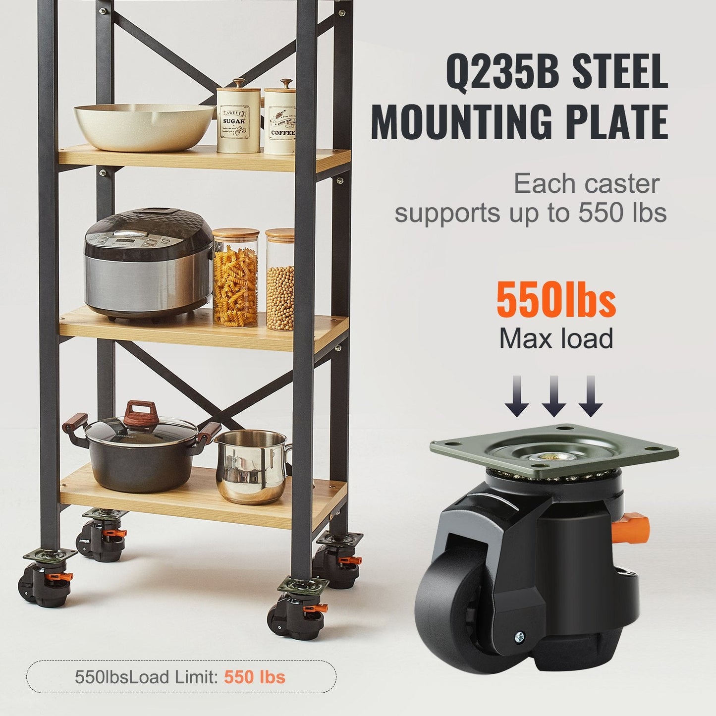 Leveling Casters, Set of 4, 1000 kg Total Load Capacity, 63.5 mm, Heavy Duty with Upgraded Handle Design, 360 Degree Swivel Caster Wheels, Adjustable Casters with Feet for Workbench, Machine
