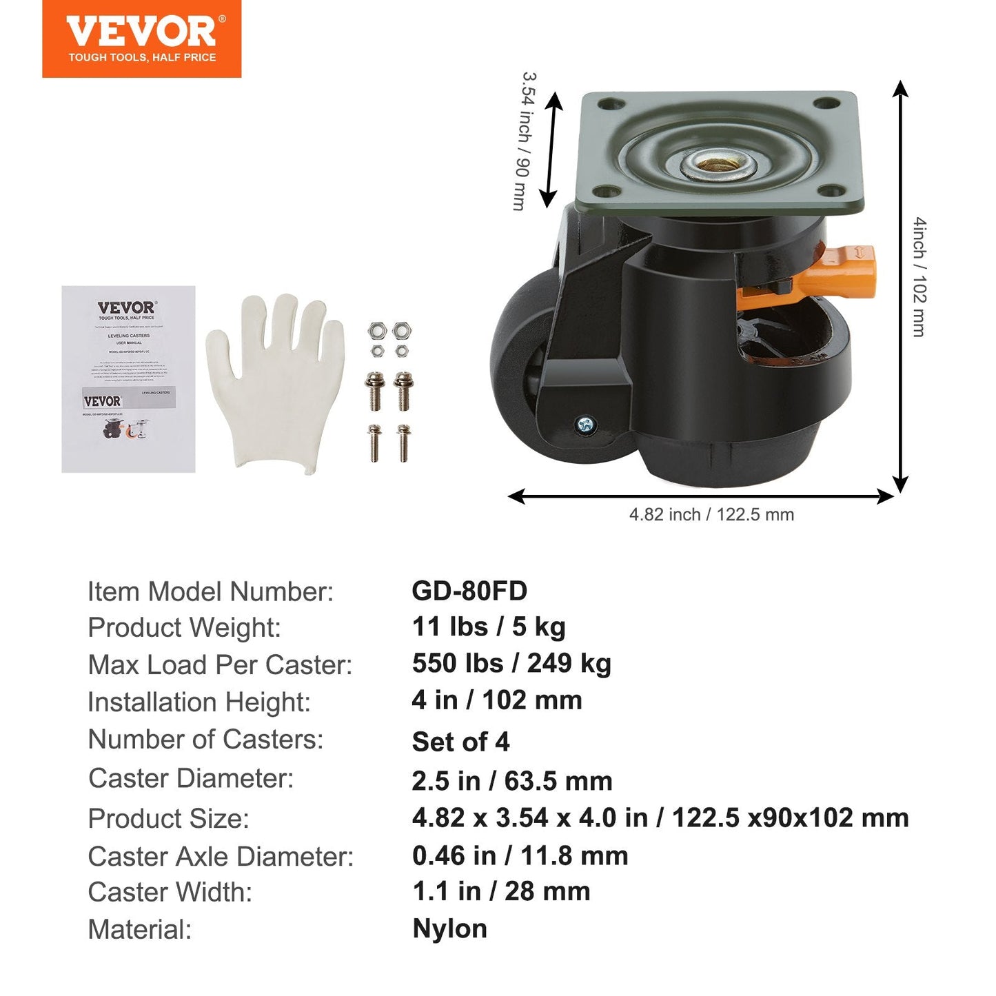 Leveling Casters, Set of 4, 1000 kg Total Load Capacity, 63.5 mm, Heavy Duty with Upgraded Handle Design, 360 Degree Swivel Caster Wheels, Adjustable Casters with Feet for Workbench, Machine