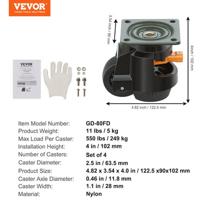 Leveling Casters, Set of 4, 1000 kg Total Load Capacity, 63.5 mm, Heavy Duty with Upgraded Handle Design, 360 Degree Swivel Caster Wheels, Adjustable Casters with Feet for Workbench, Machine