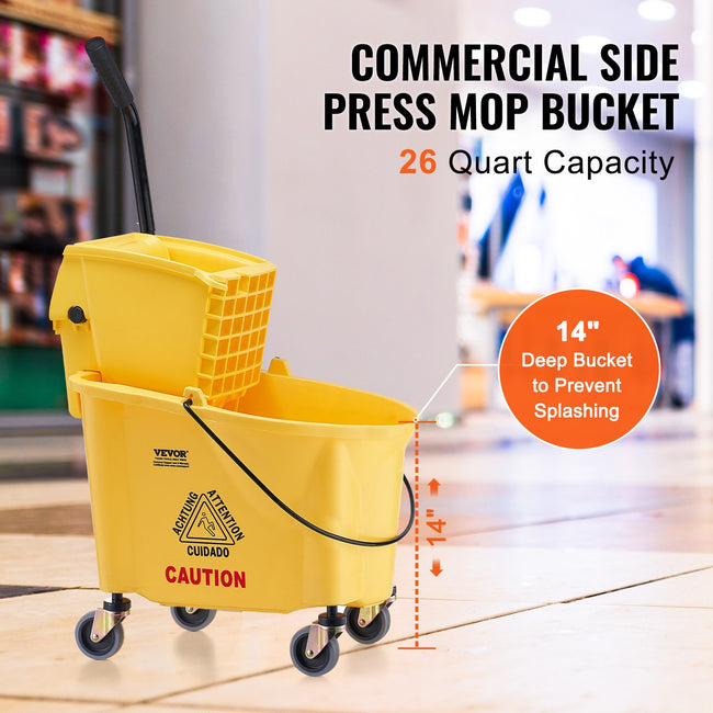 Mop Bucket with Wringer, 26 Qt. Commercial Mop Bucket with Side Press Wringer, Side-Press Mop Bucket and Wringer Combo on Wheels, for Professional/Industrial/Business Floor Cleaning, Yellow Main Image
