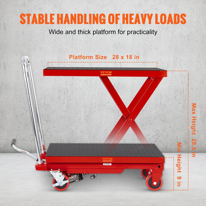Hydraulic Lift Table Cart, 330lbs Capacity 28.5" Lifting Height, Manual Single Scissor Lift Table with 4 Wheels and Non-slip Pad, Hydraulic Scissor Cart for Material Handling, Red