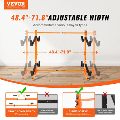 Freestanding Kayak Storage Rack, Kayak Stand for 4 Kayak Canoe Paddleboard, Heavy-duty Steel Kayak Hanger Holder with Padded Arms and Adjustable Width, 100 kg Max Load, for Indoor Outdoor Garage.