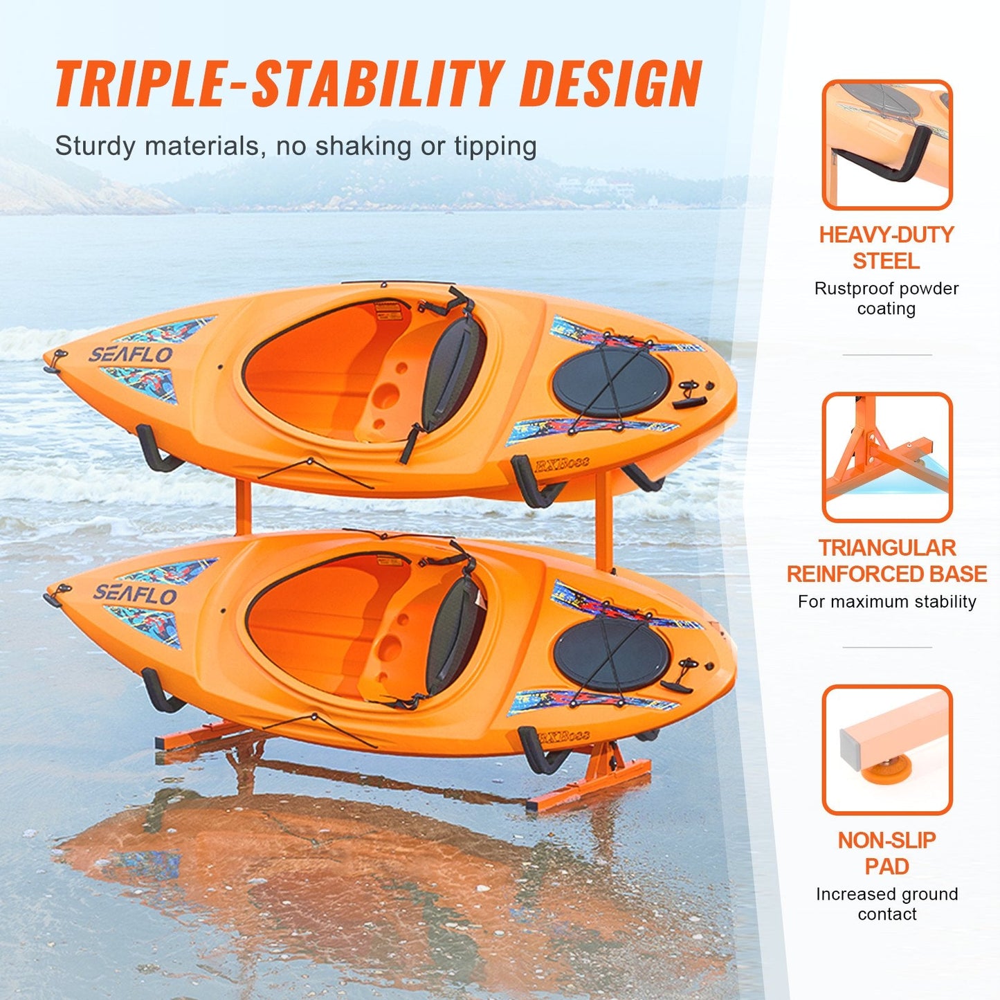 Freestanding Kayak Storage Rack, Kayak Stand for 4 Kayak Canoe Paddleboard, Heavy-duty Steel Kayak Hanger Holder with Padded Arms and Adjustable Width, 100 kg Max Load, for Indoor Outdoor Garage.