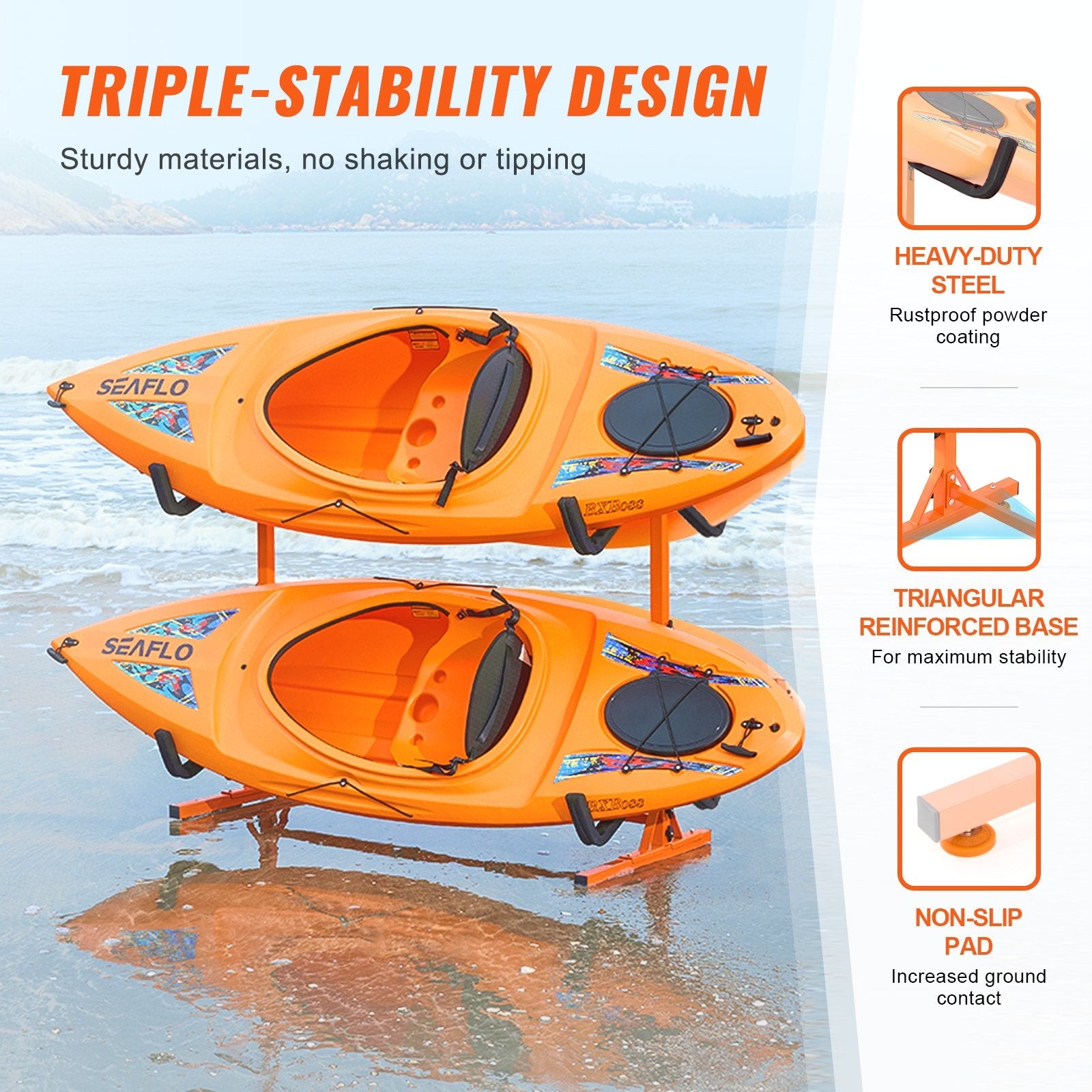 Freestanding Kayak Storage Rack, Kayak Stand for 4 Kayak Canoe Paddleboard, Heavy-duty Steel Kayak Hanger Holder with Padded Arms and Adjustable Width, 100 kg Max Load, for Indoor Outdoor Garage.