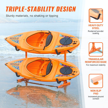 Freestanding Kayak Storage Rack, Kayak Stand for 4 Kayak Canoe Paddleboard, Heavy-duty Steel Kayak Hanger Holder with Padded Arms and Adjustable Width, 100 kg Max Load, for Indoor Outdoor Garage.